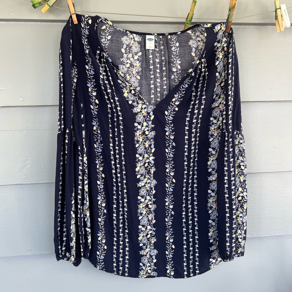 Old Navy Top Womens Navy Floral Stripe Rayon